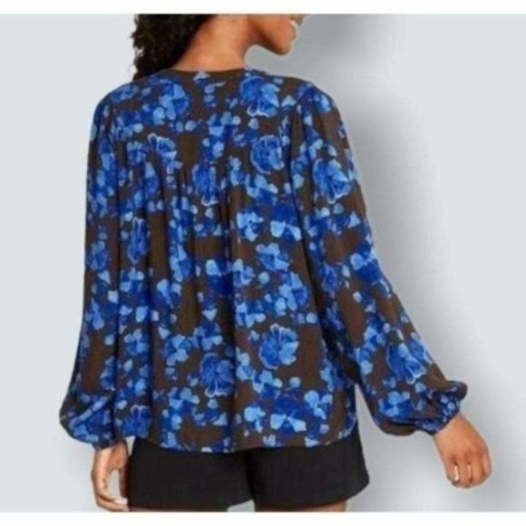 Small a new day Floral Blouse Blue Button Babydoll Style Balloon Sleeve NEW - Picture 4 of 5
